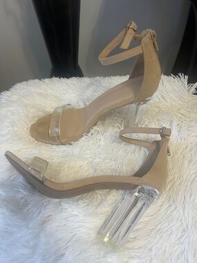 Women's Nude Clear Strap Block Heel Sandals